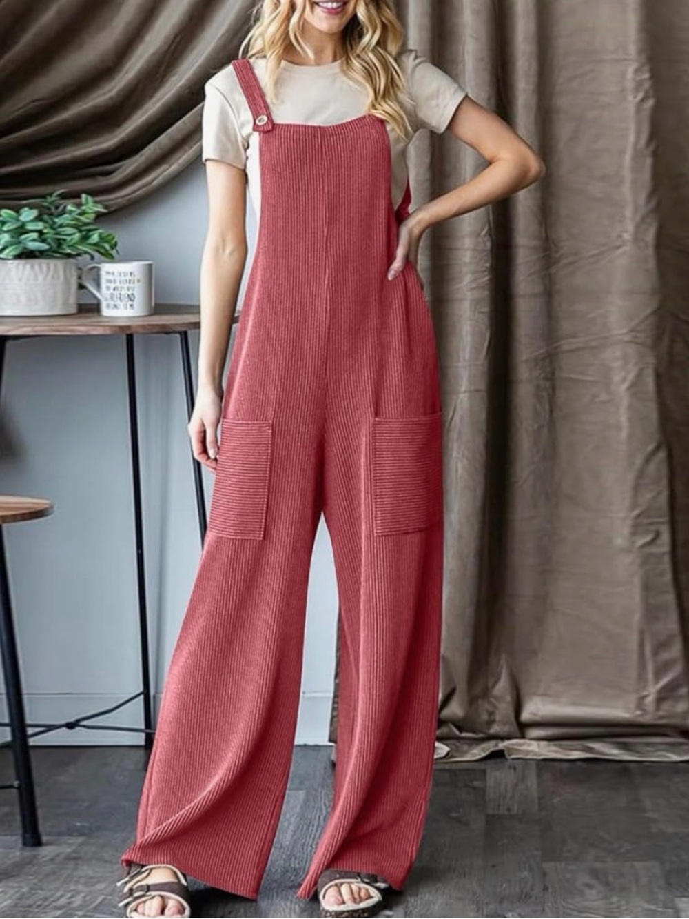 Women's Ribbed Wide Leg Jumpsuit Overalls  Size 1X